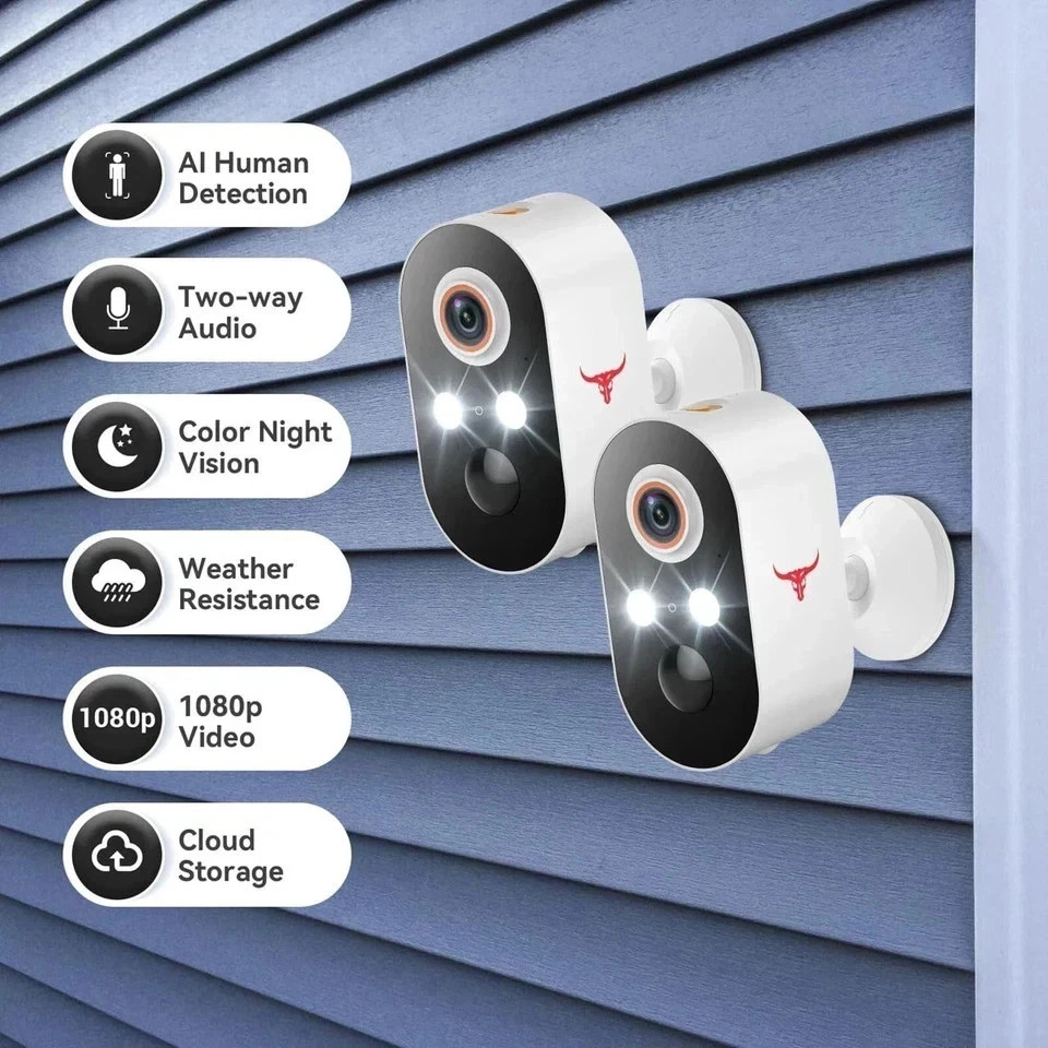 2 Pack Wireless Security Camera Smart Night Vision Outdoor 2.4G WiFi Cameras