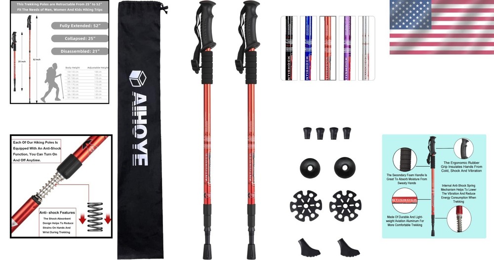 Red Aluminum Trekking Poles 2 Count - Anti-Shock, Collapsible & Replaceable Tips