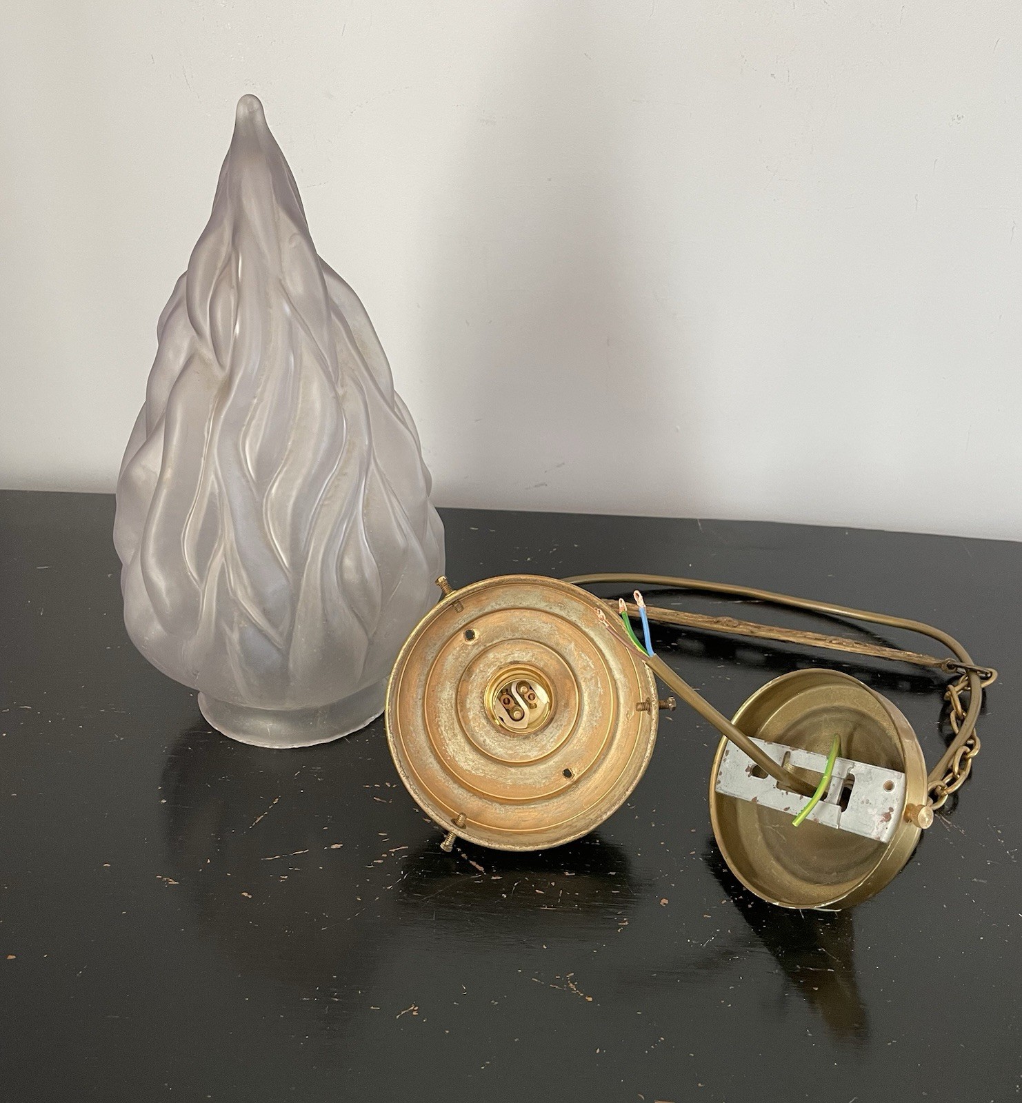 Art Deco French Ceiling Light With Hand Blown Flame Shade And Brass Fitting