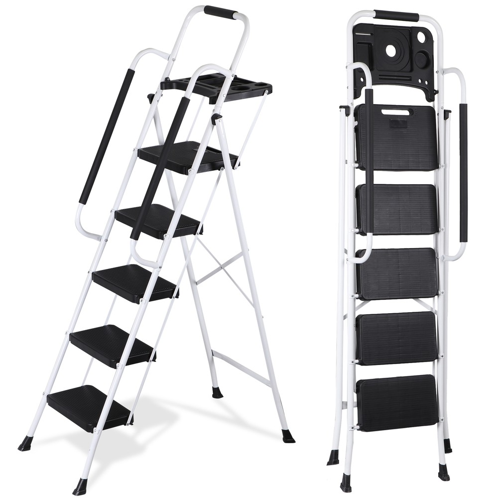 Folding 5 Step Ladder Sturdy Step Stool w/ Multi-Functional Tool Tray Household