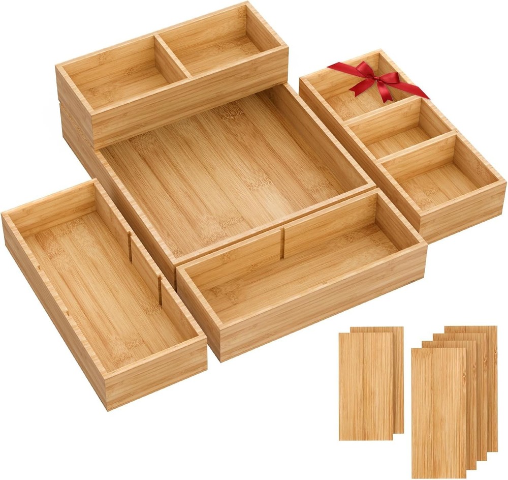 SpaceWhisper 5-Piece Bamboo Drawer Organizer, Stackable Storage for Kitchen,