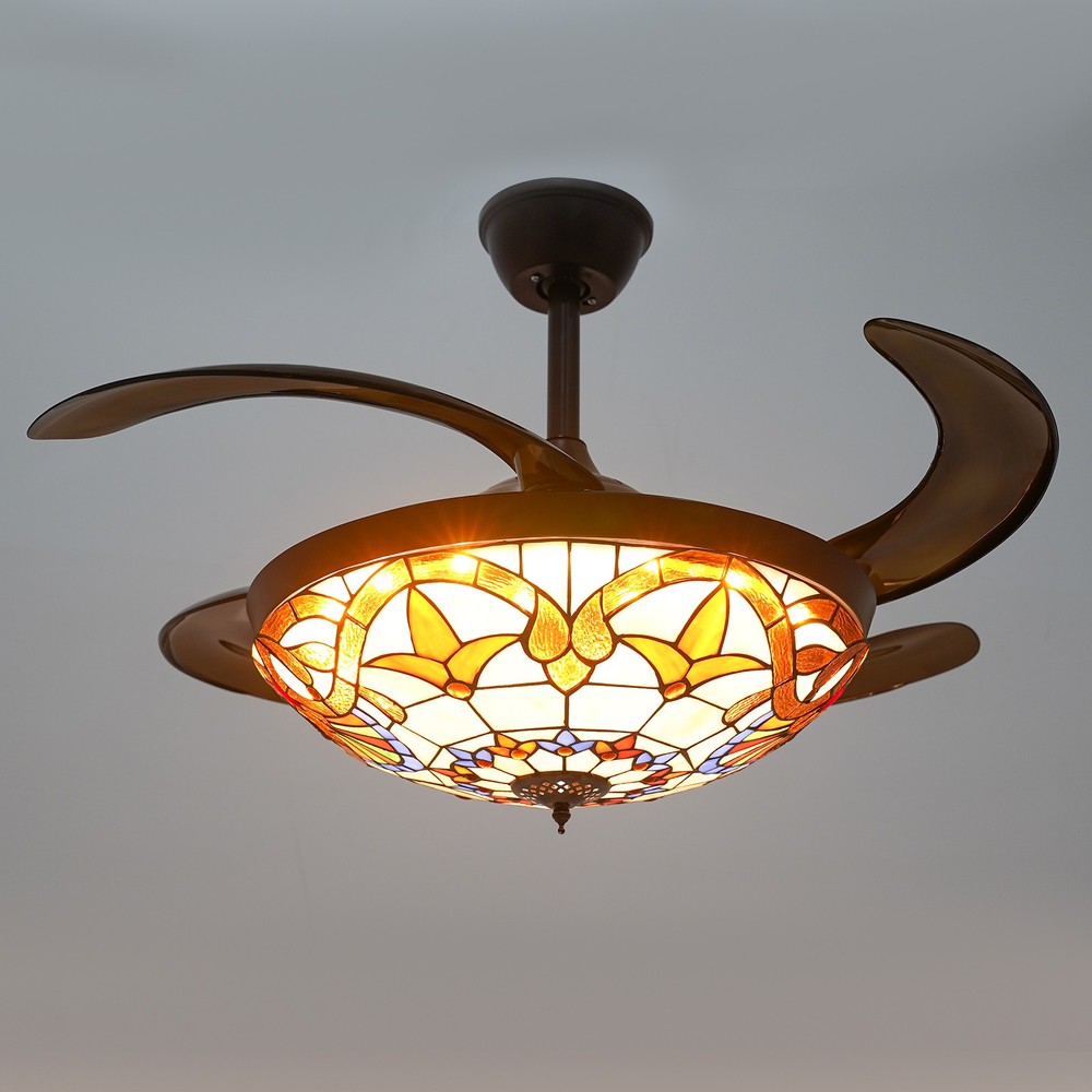 Ceiling Fan Light Glass Shade LED Chandelier Stained Retractable+Remote Control