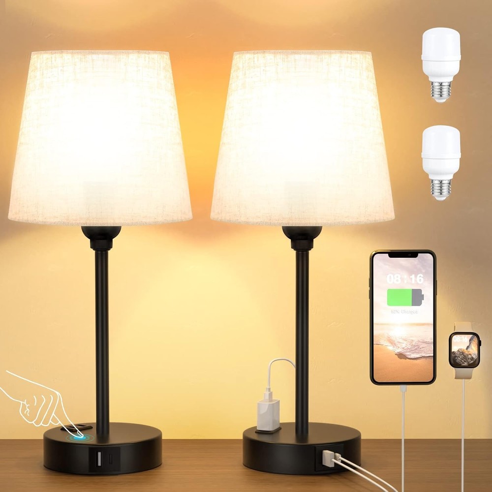 2-Piece Bedside Lamp Featuring USB-C Port and AC Power Charging Functionality