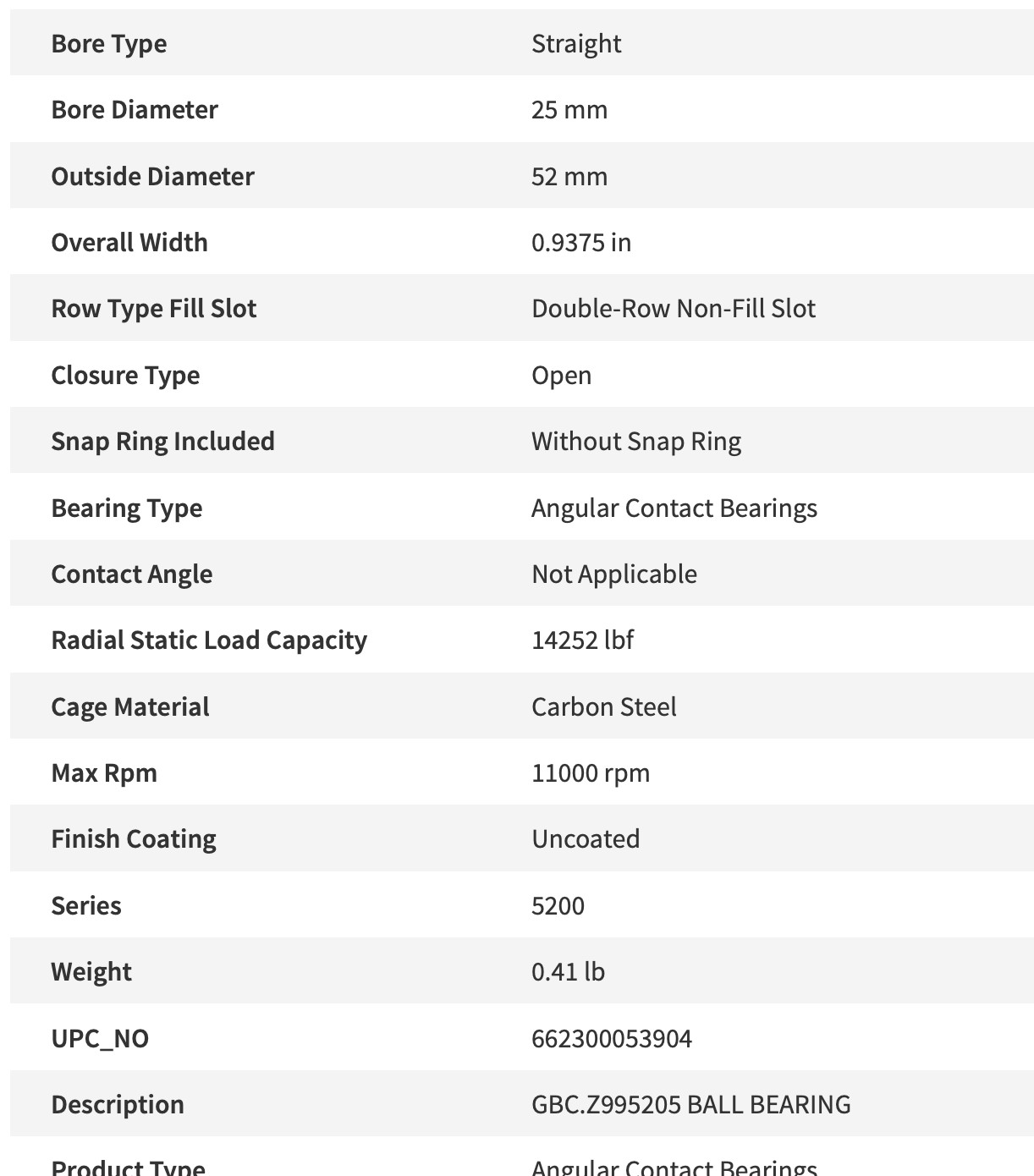 25mm Bore ( THE GENERAL # Z995205-52052 2RS) Angular Contact Bearing
