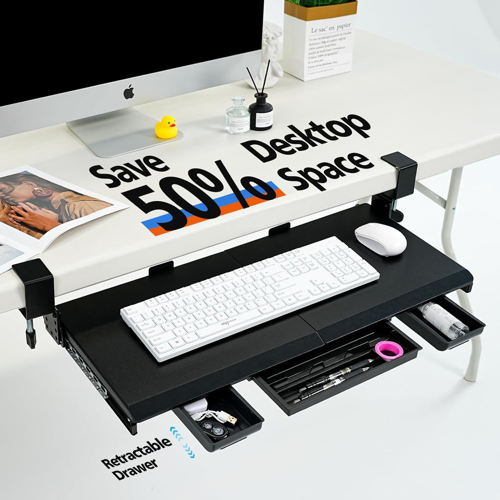 Large Height Adjustable Keyboard Tray with Sturdy C-Clamp Mount and Storage Draw