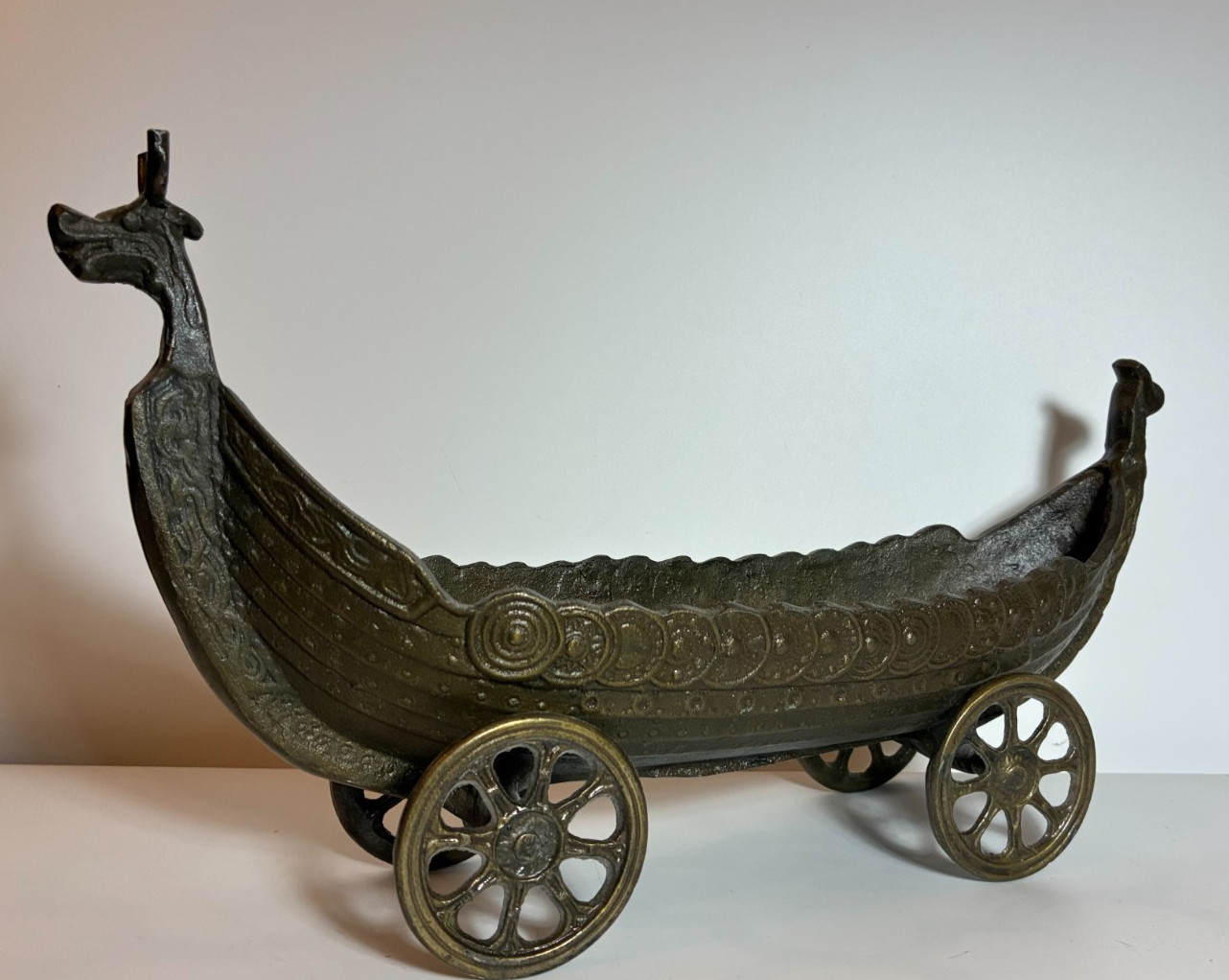 Vintage ROLLING BRONZE VIKING SHIP Metal LONGSHIP Wheels Art 16" Aagaard (?) MCM