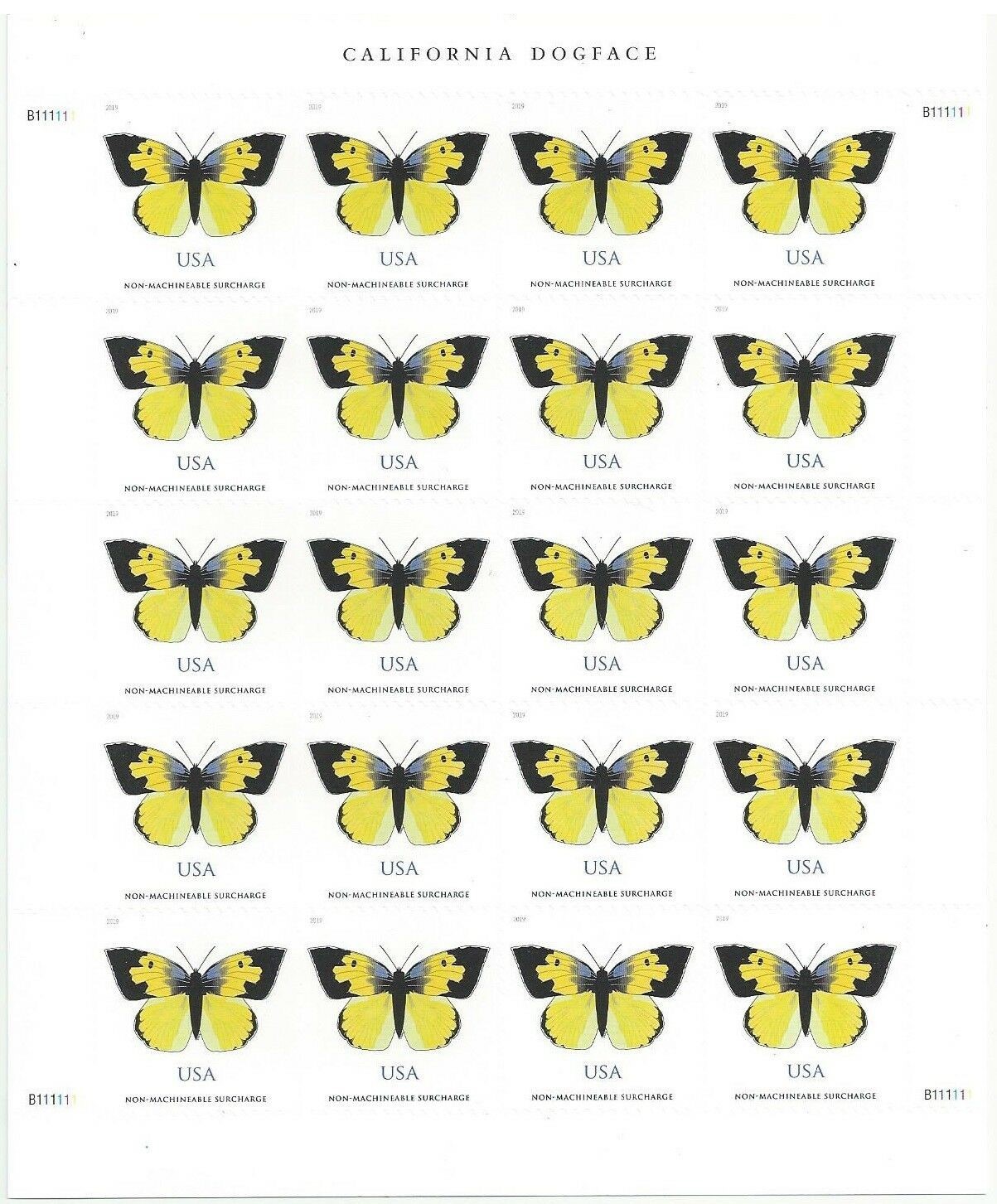 USPS Postage Stamps Sheet of 20 Non Machinable YLLW California Dogface Butterfly