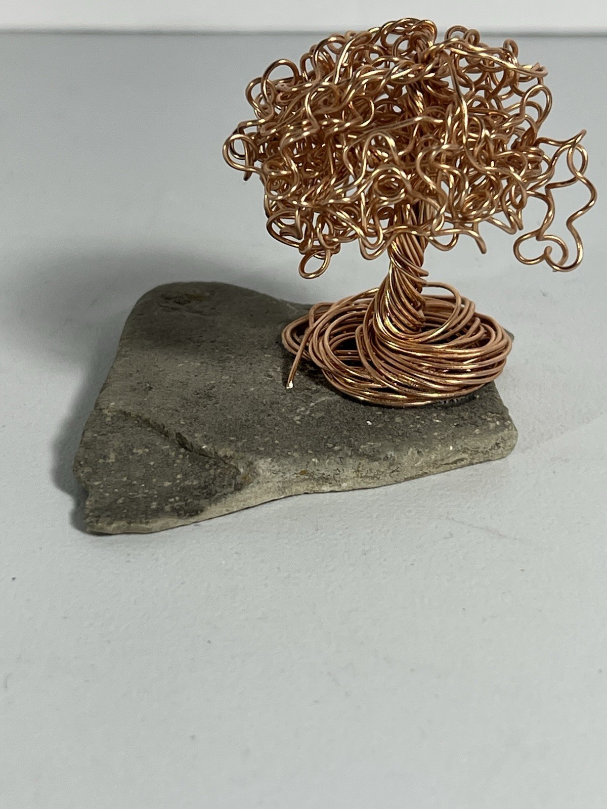 Handmade 2.25”  Copper Wire Bonsai Tree Sculpture On Stone Base Decor Mini (D)