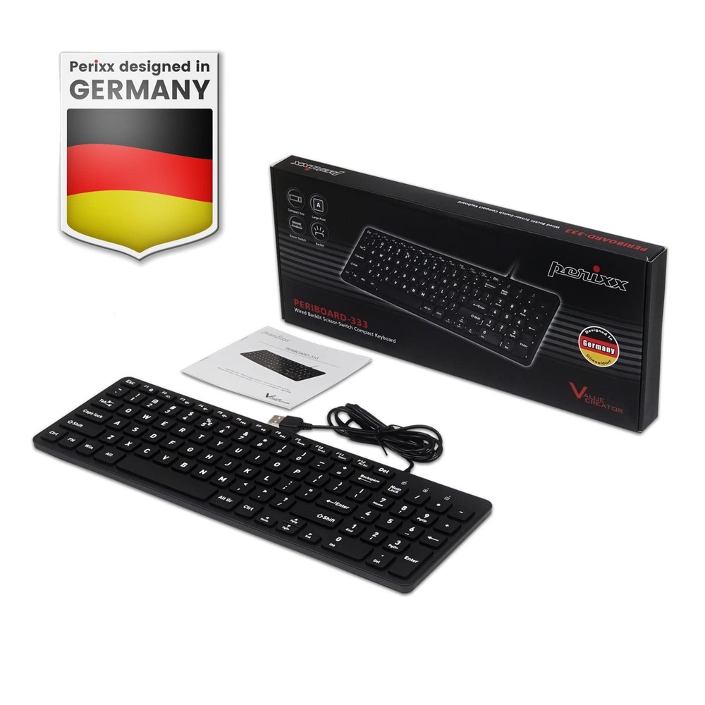 Perixx PERIBOARD-333 Teclado Compacto USB retroiluminado con Cable - Teclas de t