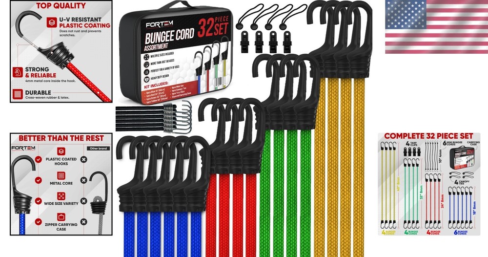 Multi-Size Bungee Cord Set - 32 Pack with UV Resistant Hooks & Carrying Case