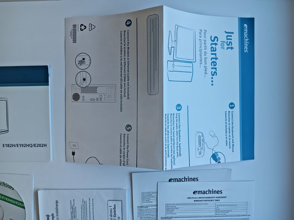 eMachines Quick Guide Manual 2009 w/ CD ROM & Doc. Package E182H / 192HQ / E202H