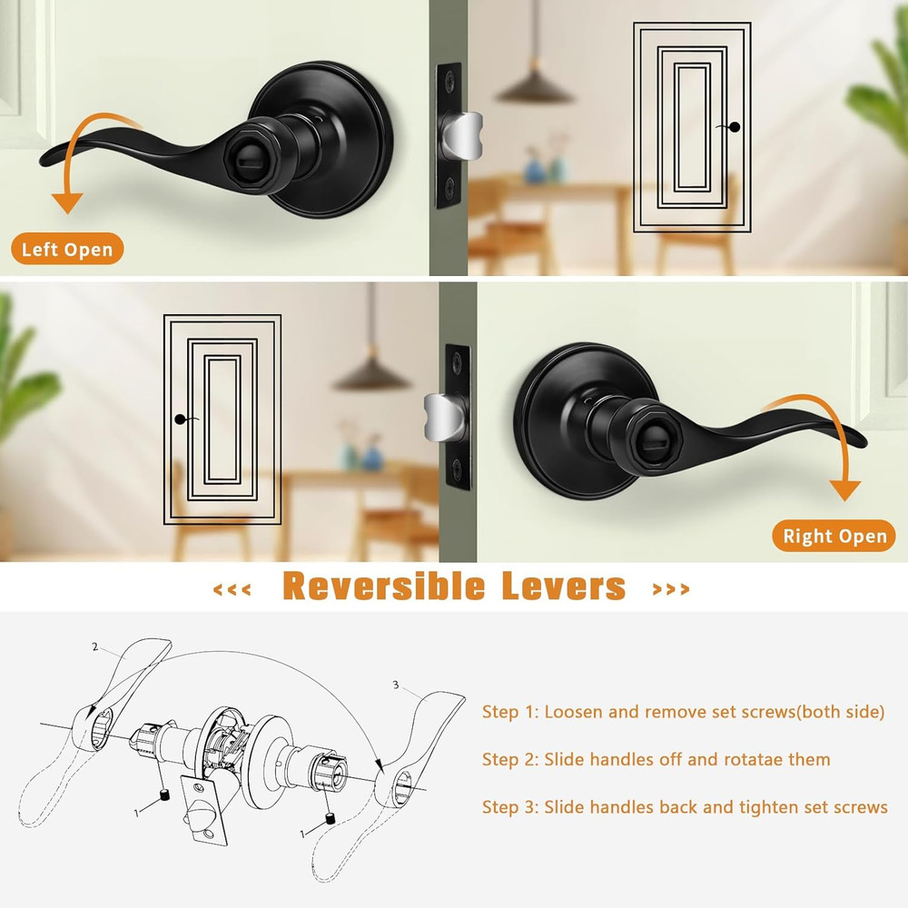 Wave Style Matte Black Privacy Door Knobs, Reversible Bed/Bath Door Levers, Inte