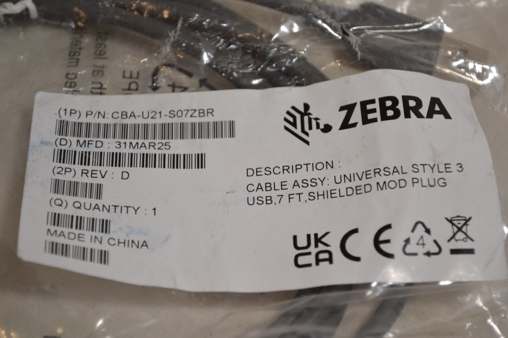 ZEBRA Cable Assy, Universal Style 3 USB, 7ft, Shielded MOD Plug CBA-U21-07ZBR