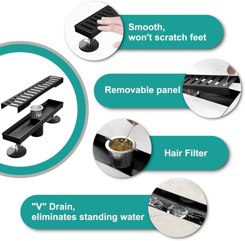 Black Linear Shower Drain 12 Inch with Removable Capsule Pattern Grate