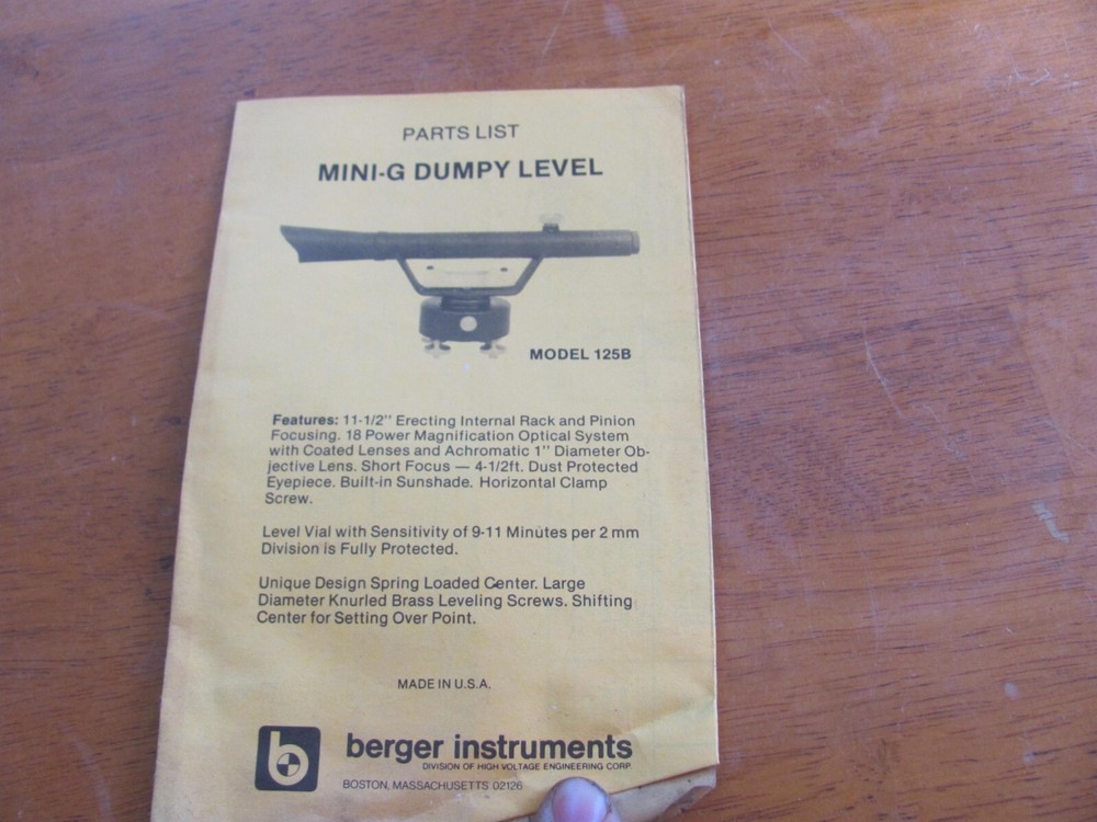 Beger Instruments Model 125B Mini-G Dumpy Level Parts List