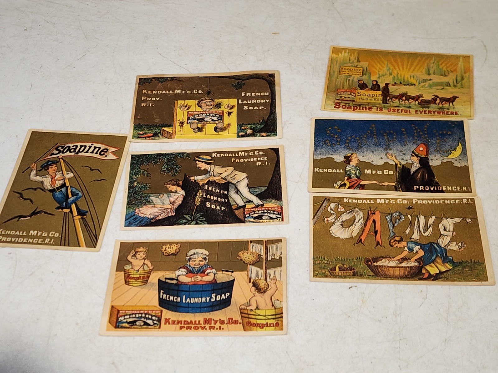 LOT OF 7- ANTIQUE VICTORIAN SOAPINE FRENCH LAUNDRY TRADE CARDS KENDALL MFG RI