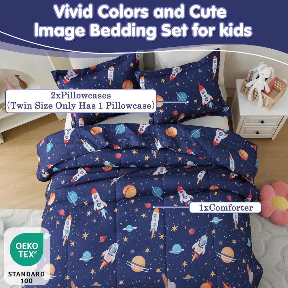 Boys Comforter Set Full Size Bedding Sets Space Rocket Comforter with 2 Pillo...