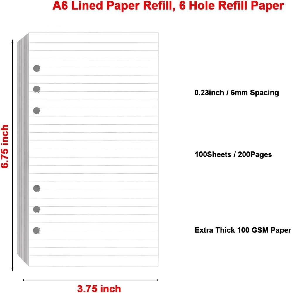 (2 Pack) A6 Lined Paper Refill 6 Ring, 6Hole 200Sheets, White
