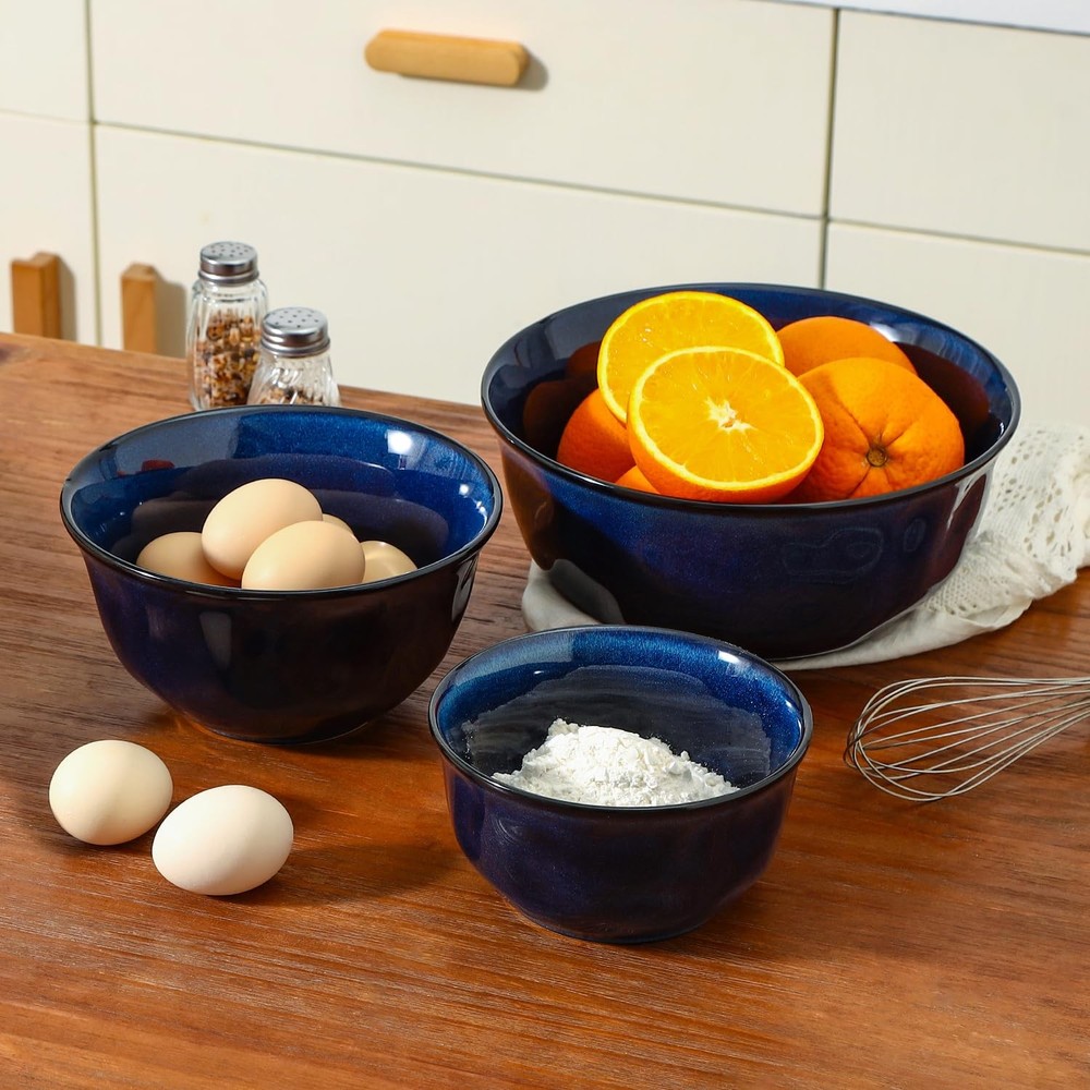 vicrays Ceramic Mixing Serving Bowl Set: Nesting Stoneware Kitchen Decorative La