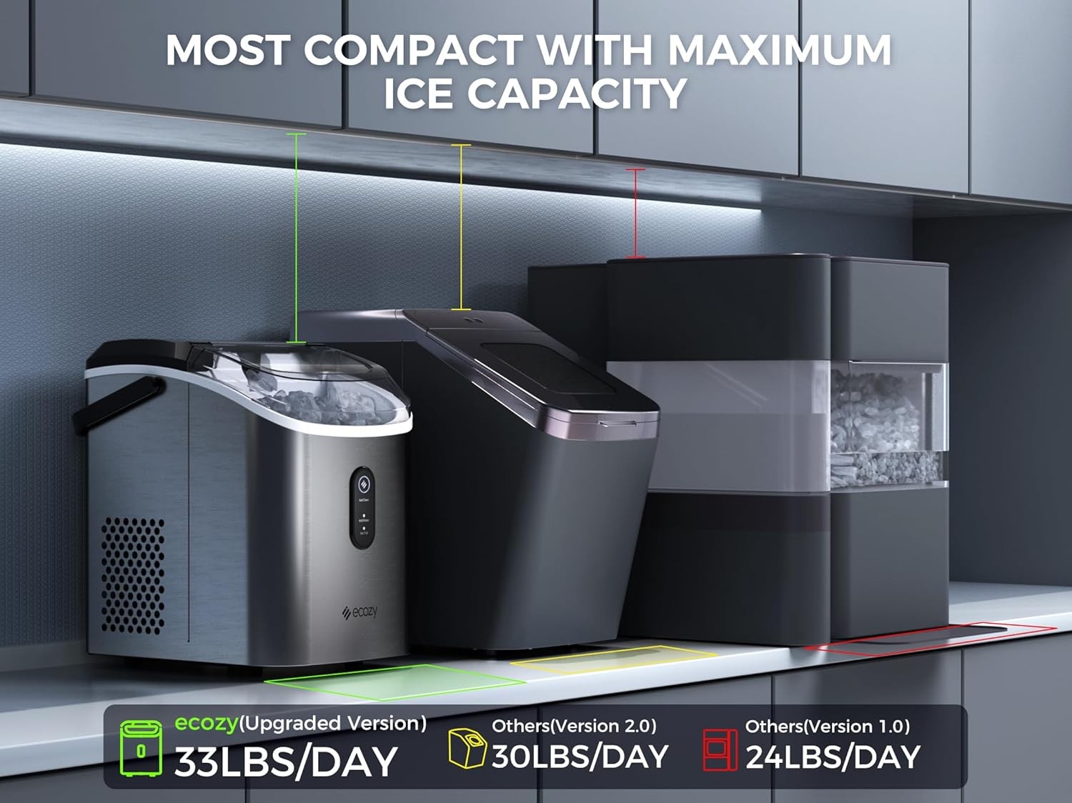 Nugget Ice Maker 33 lbs/24H Crushed Pellet Ice Cubes Ice Machine for Kitchen/Bar