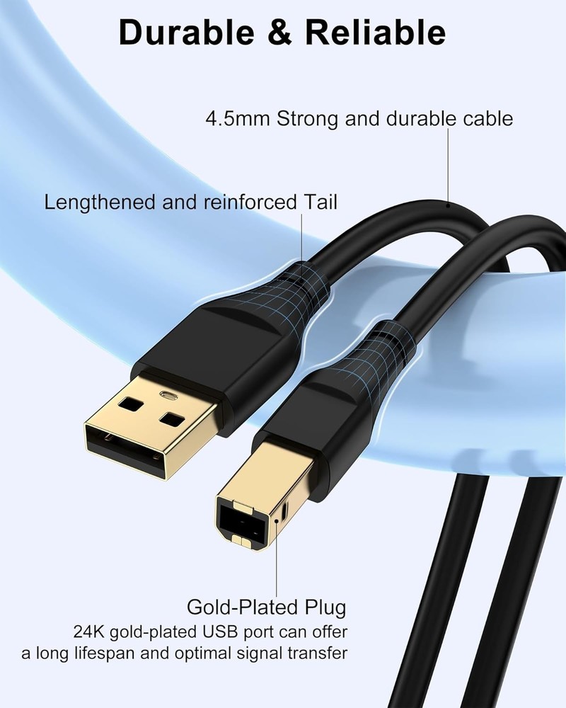 HP Printer Cable 6ft, Square USB A to USB B Cable for Printer/Scanner Epson, HP,