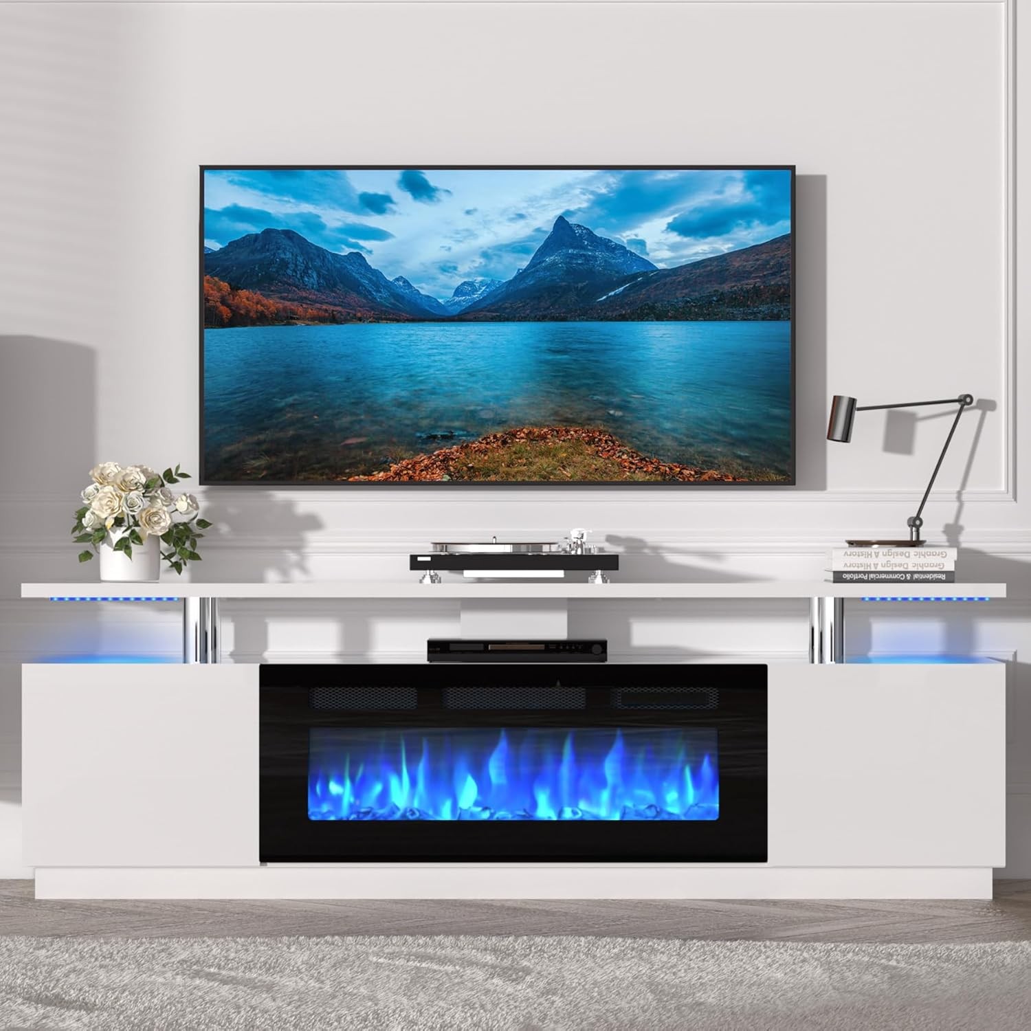 70 In 2 Tier TV Console Stand Cabinet With 36 In Electric Fireplace Heater White