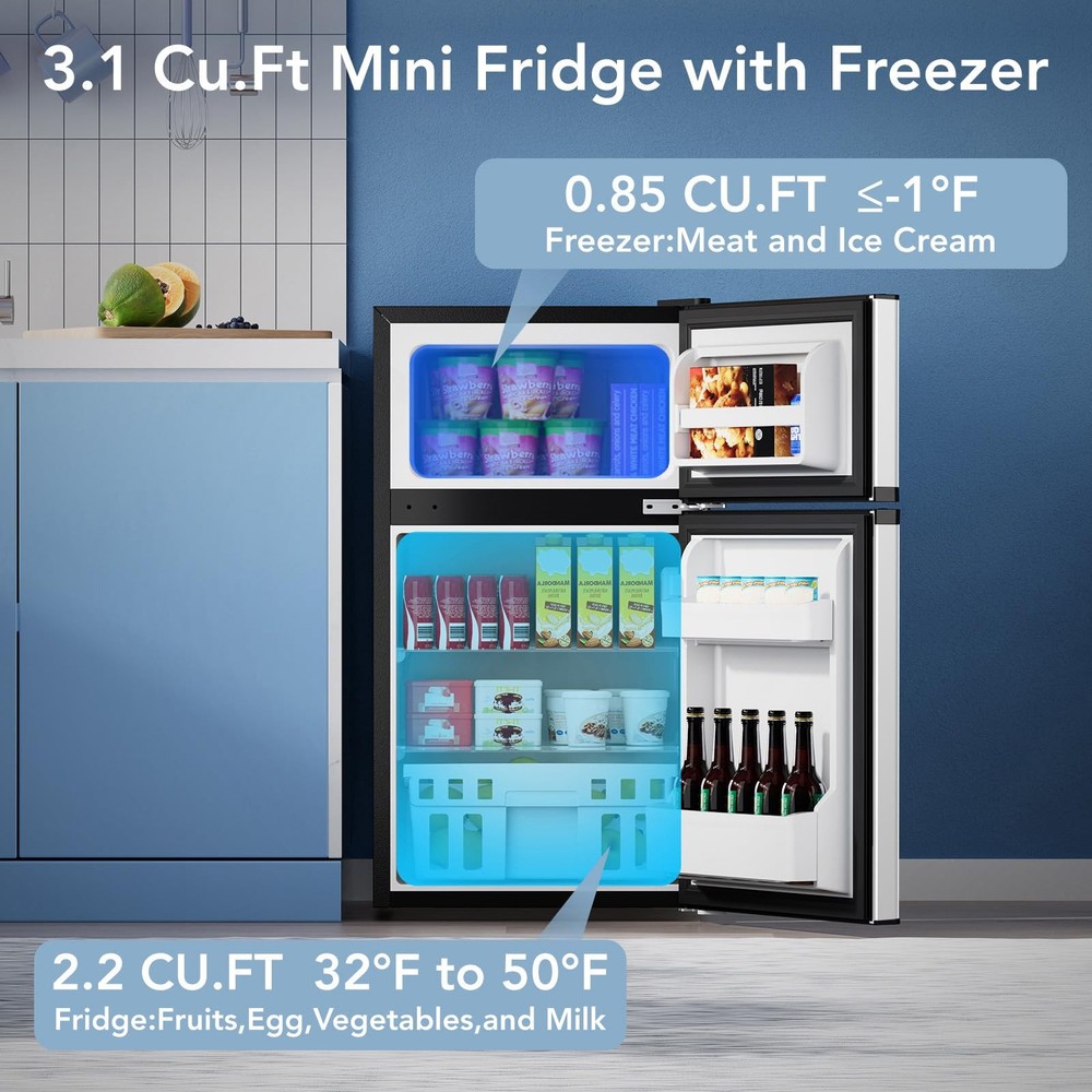 Electactic 3.1 Cu.Ft Mini Fridge with Freezer, 2 Door Compact Silver