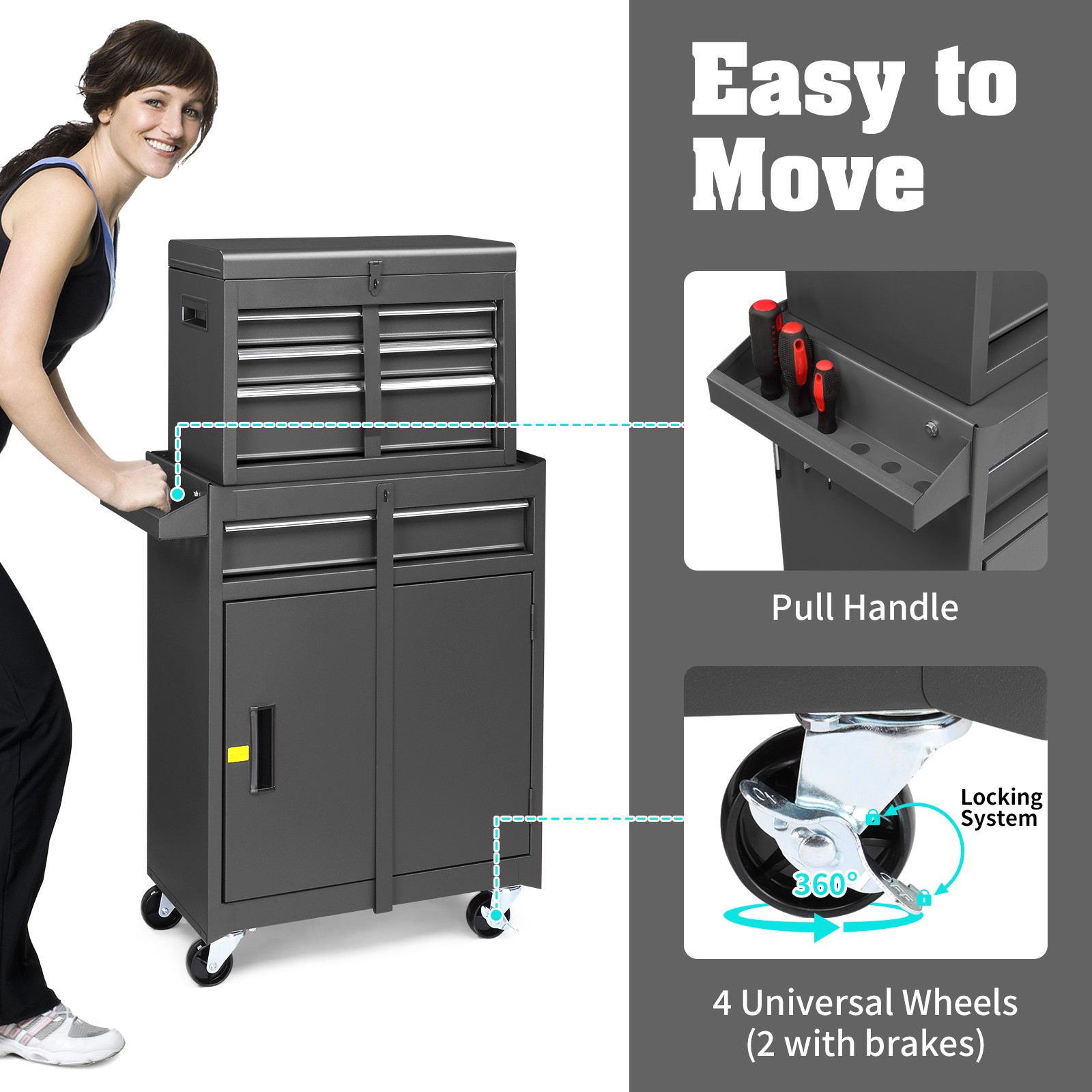 Rolling Tool Chest Tool Organizer Box with Lockable Wheels & Detachable Top NEW