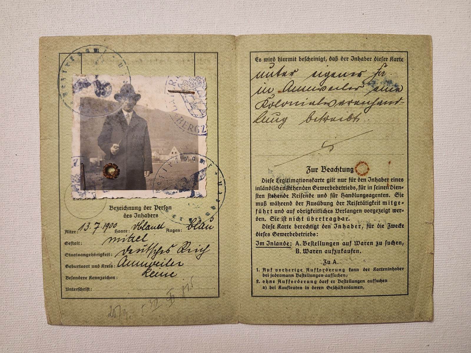 WW2 Germany.  Identification card  for merchants, 1937.,