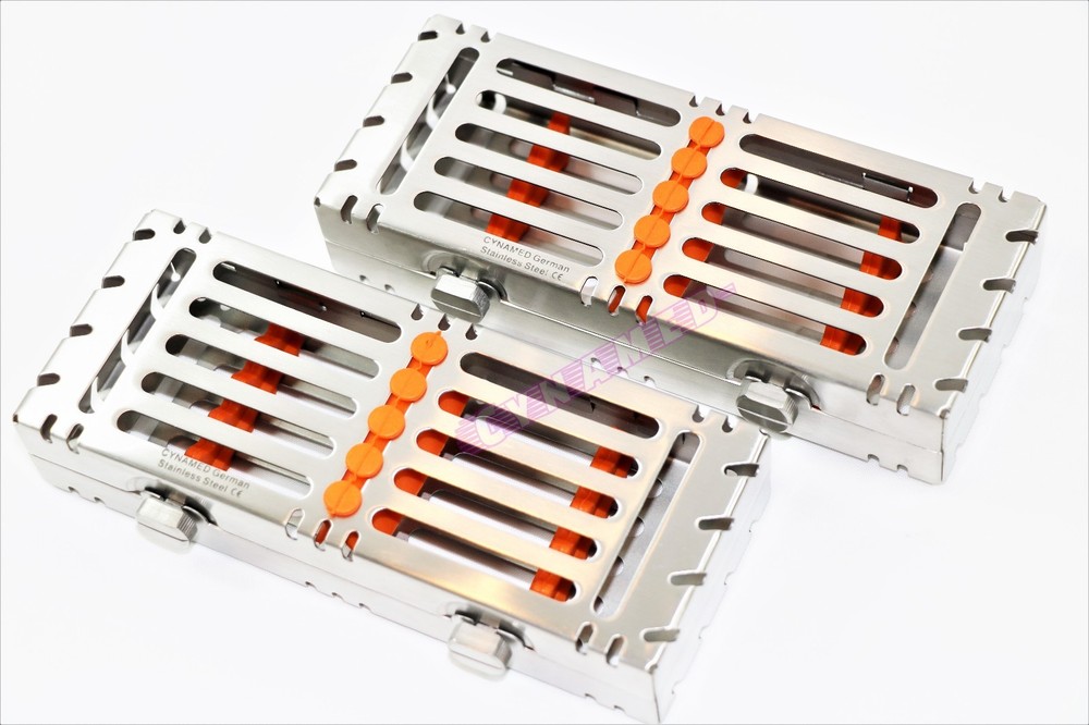 2 GERMAN RACKS STERILIZATION TRAYS FOR 5 INSTRUMENTS DOUBLE BUTTONS DETACHABLE