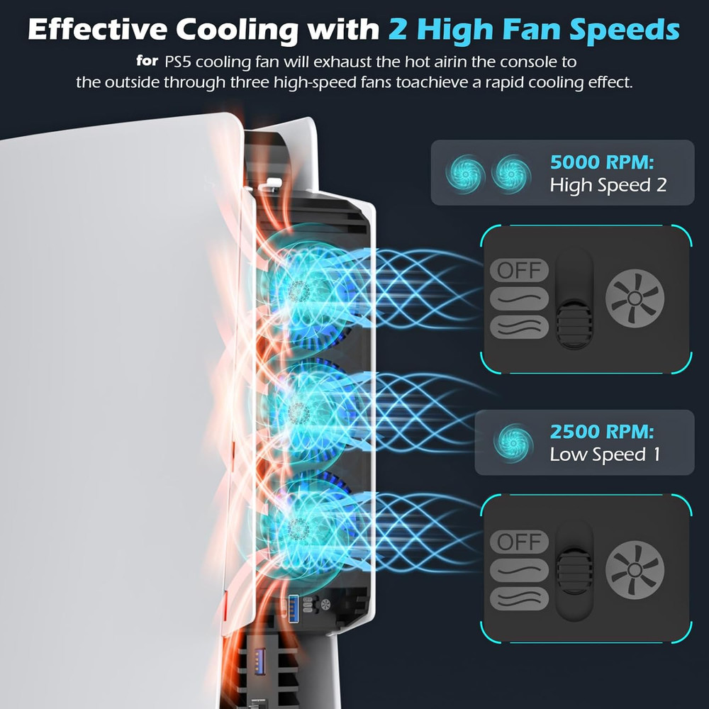 PS5 Cooling Fan with LED Light, Quiet Efficient Gaming Accessory