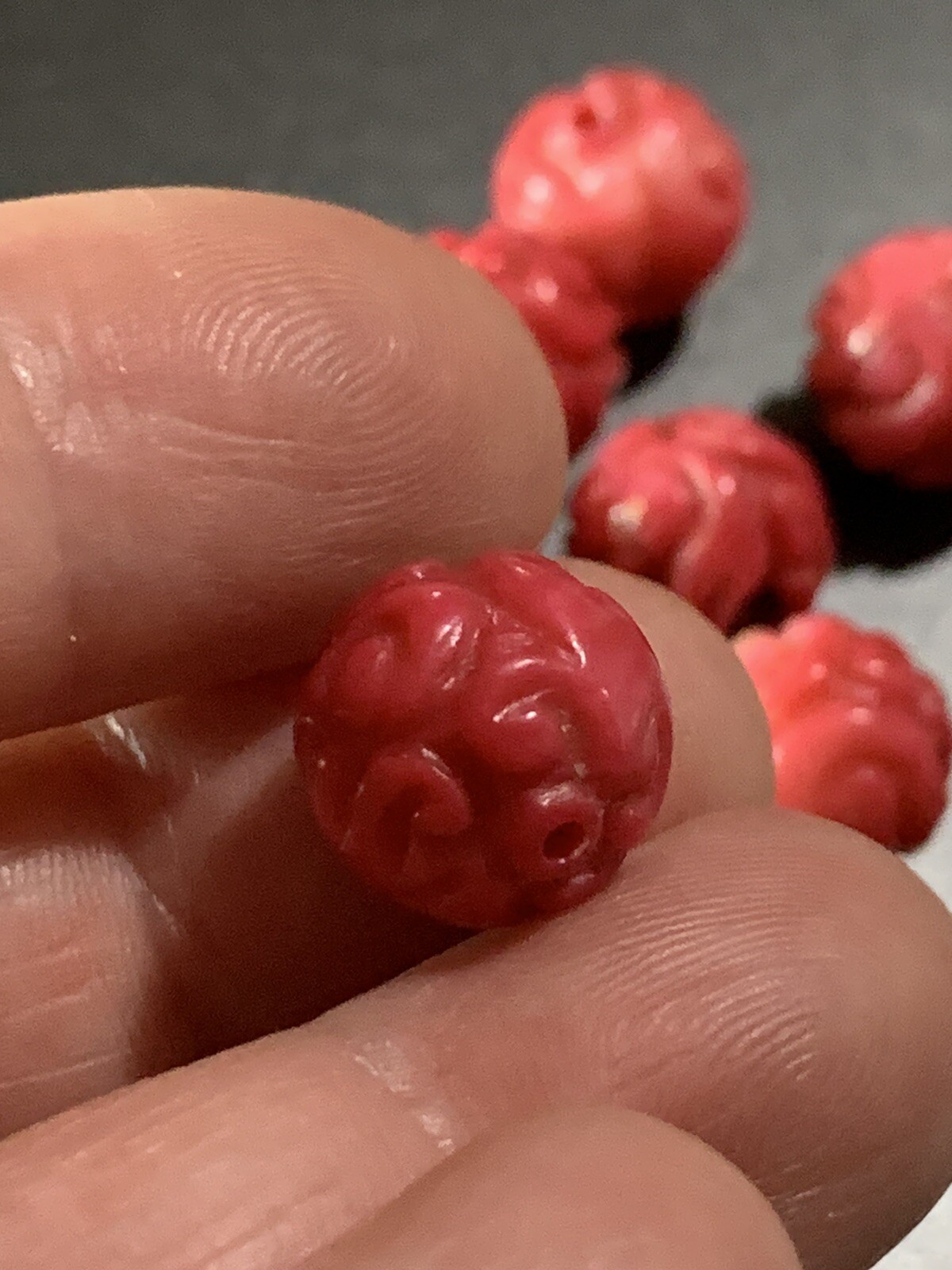 ONE Vintage Carved Chinese Bead Natural Coral Curling Dragon Round 10mm - 11mm