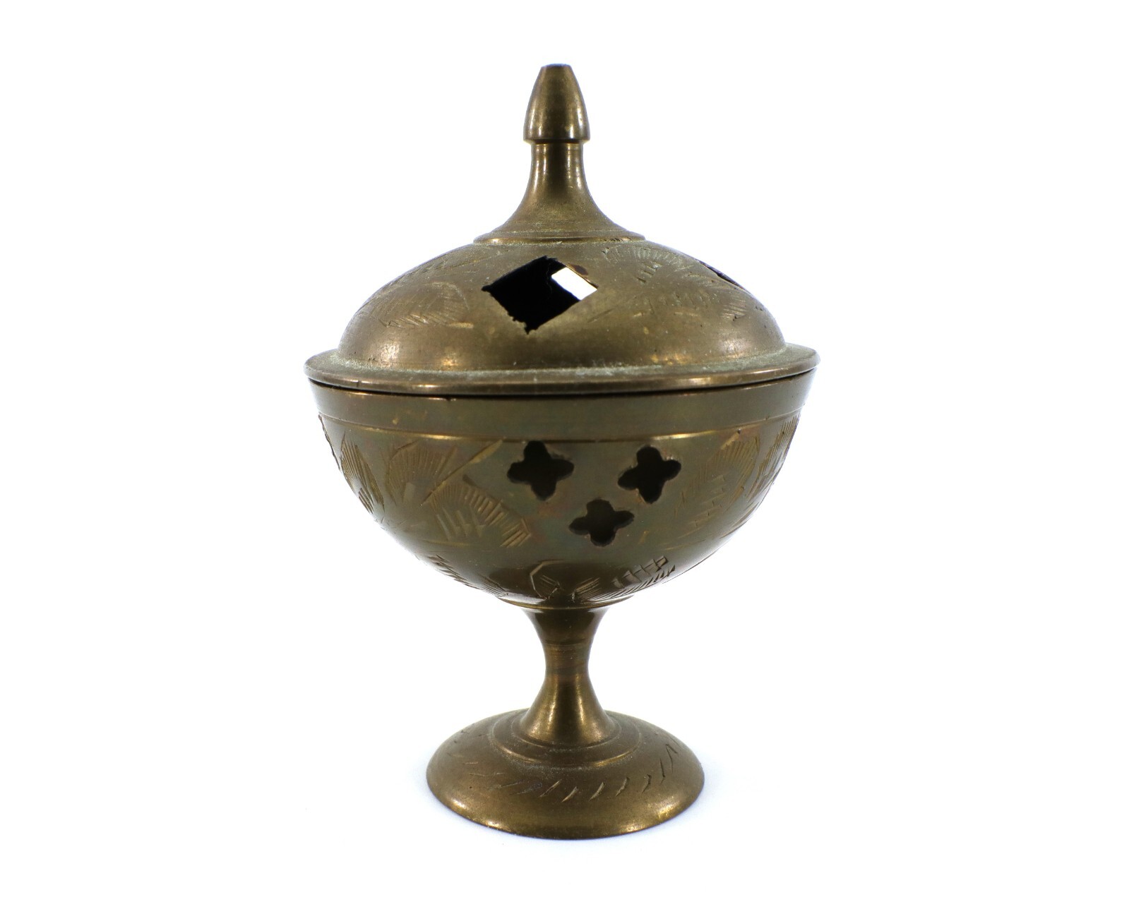 Brass INCENSE BURNER 2-Piece Lid 3 ½” Tall Etched Leaf India