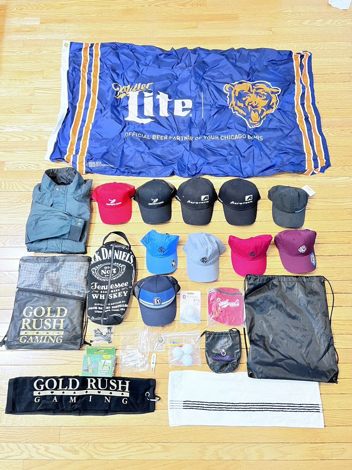 *Lot Of Golf Accessories, FJ Rain Pullover, Hats, Backpacks, Shoe Bag Towels Etc