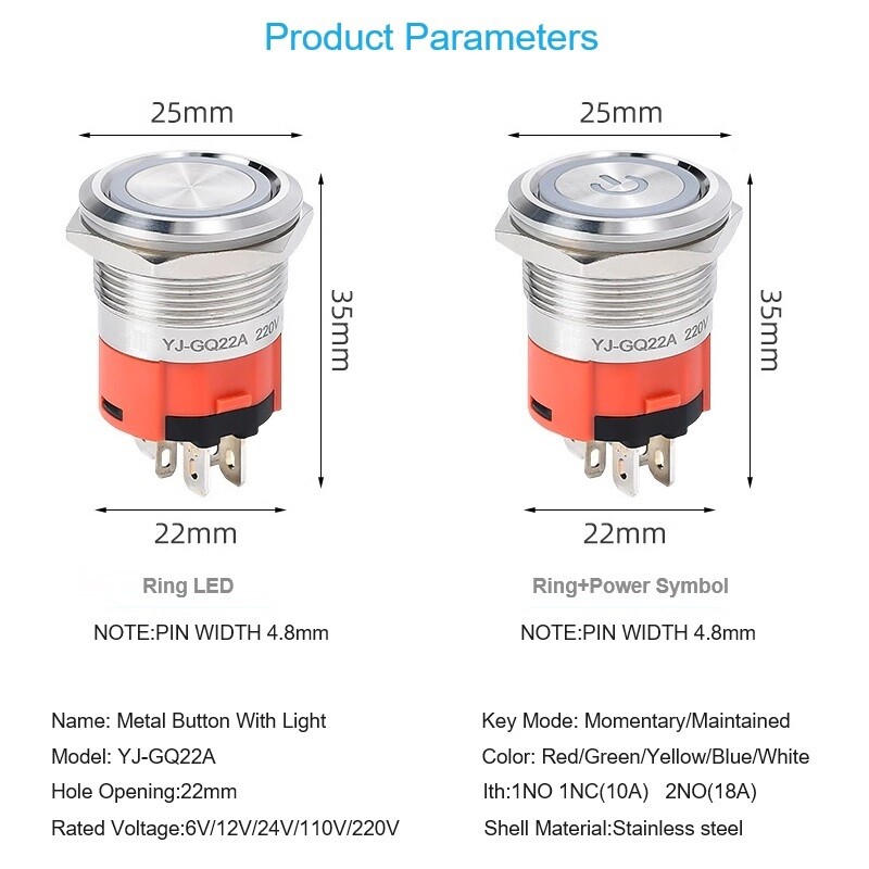 22mm 2 NO 18A High Current Waterproof IP67 High-Power Control Push Button Switch