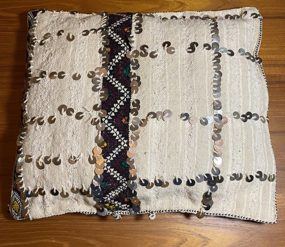 Moroccan Vintage Handmade Pillow Berber Wedding Blanket Sequins