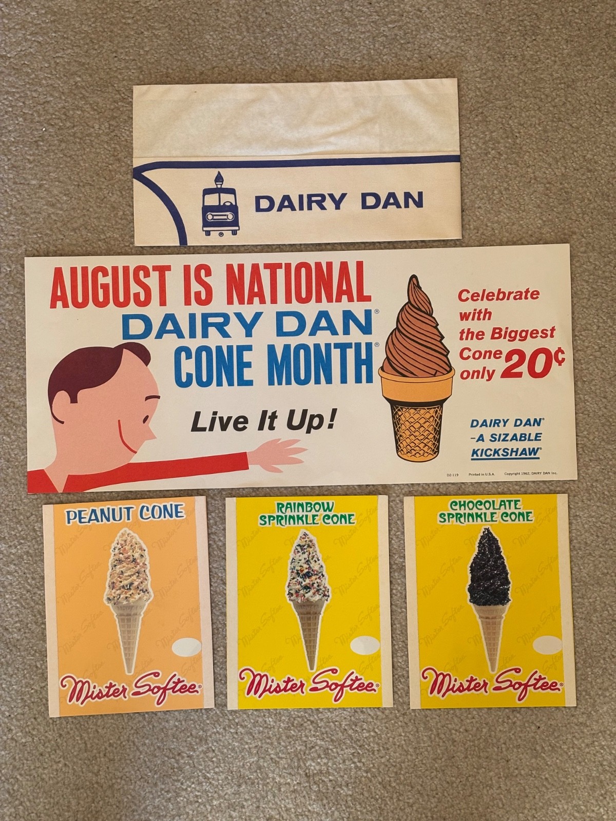 1962 Dairy Dan:  August is National Cone Month +  Mr. Softee Signs + Jerk Hat