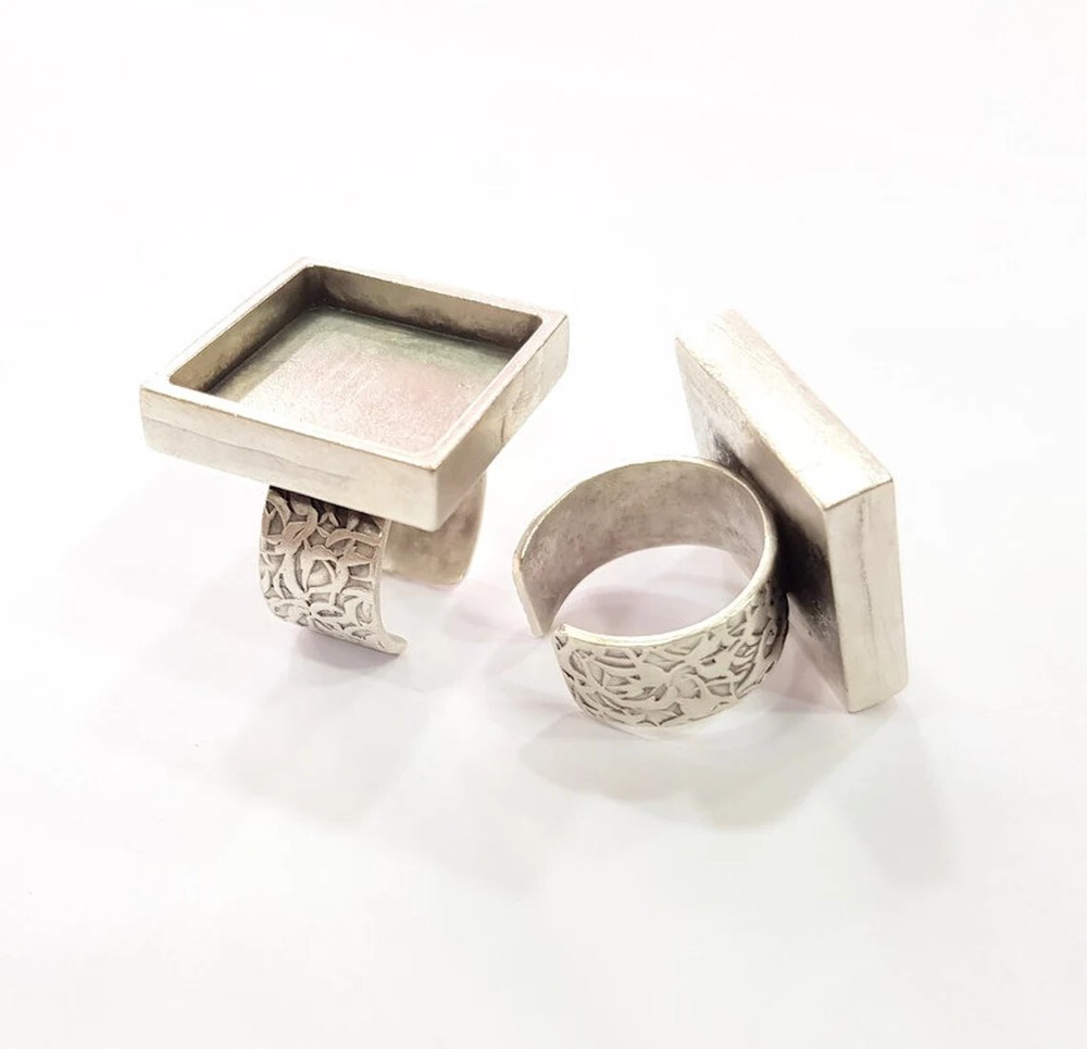 Square Blank Ring Setting Cabochon Base Bezel inlay Mounting Adjustable 20x20mm