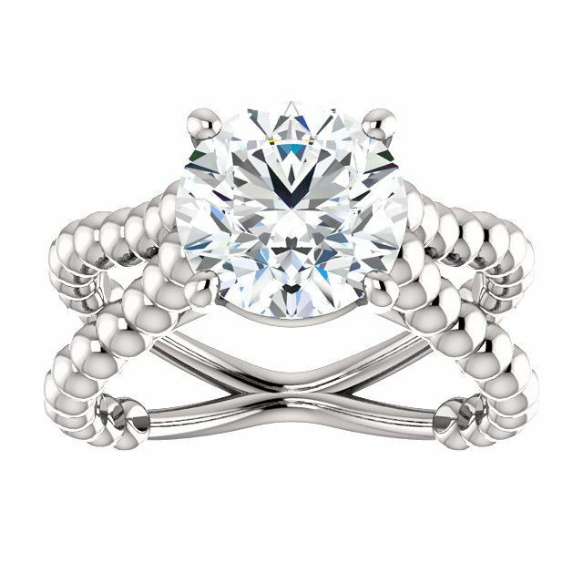Sterling Silver Round Cut Solitaire Ring Setting - Beaded Split-Shank Style Ring