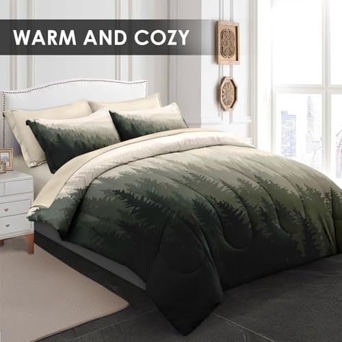 Comforter Set Size, Mountain Pine Tree 7 Pcs Bedding for Queen Natural Forest