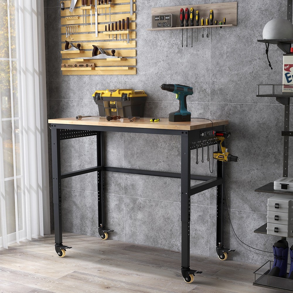 48" Adjustable Workbench Rolling Heavy-Duty Work Table w/ Power Outlet