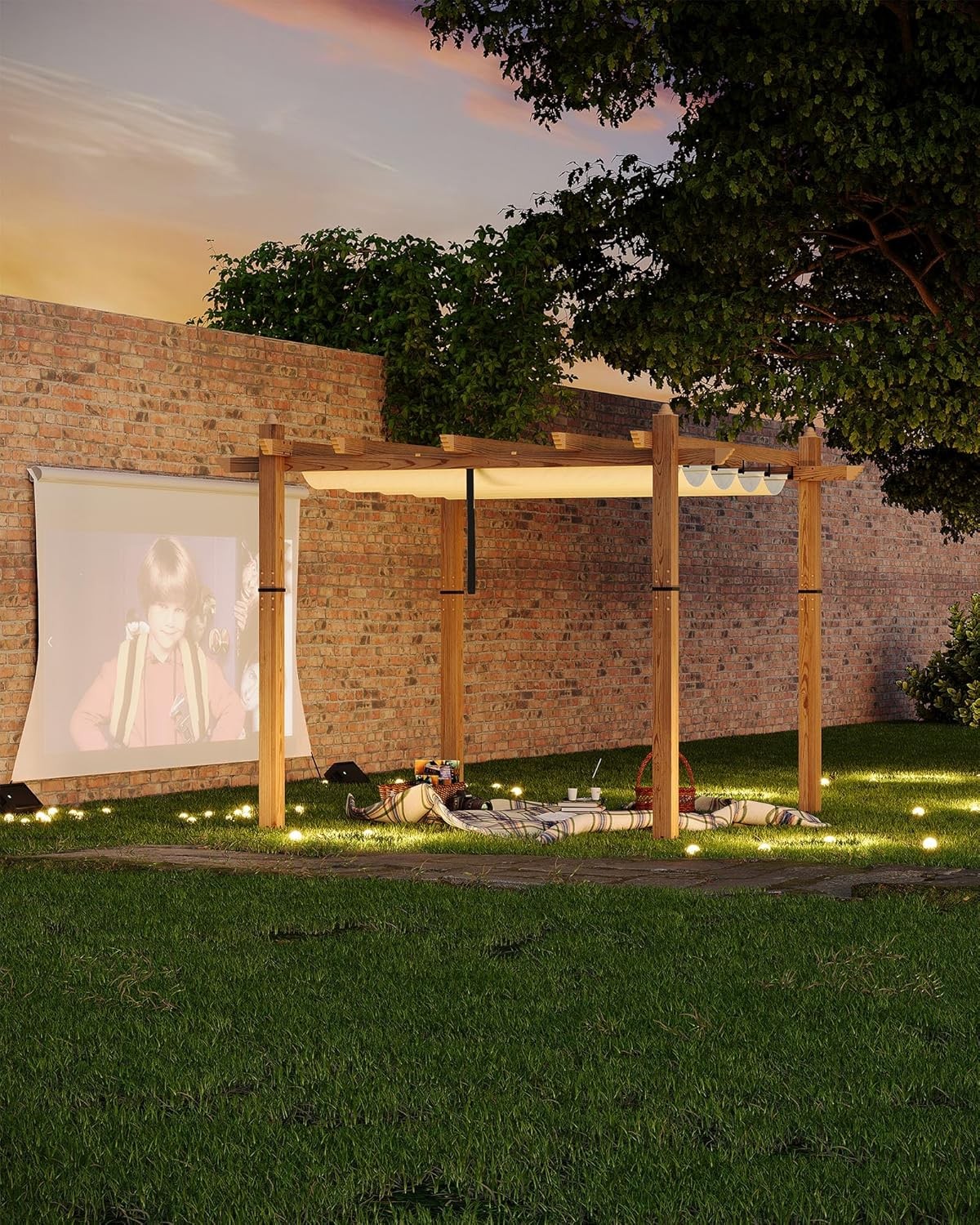 10 x 10 ft Wood-Grain Aluminum Pergola, Outdoor Pergola with Retractable Canopy