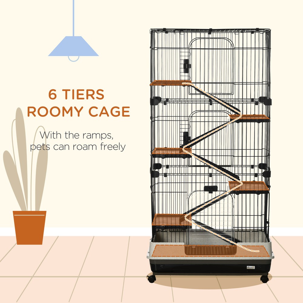 32"L 6-Level Small Animal Cage with Lockable Wheels, Tray, Black