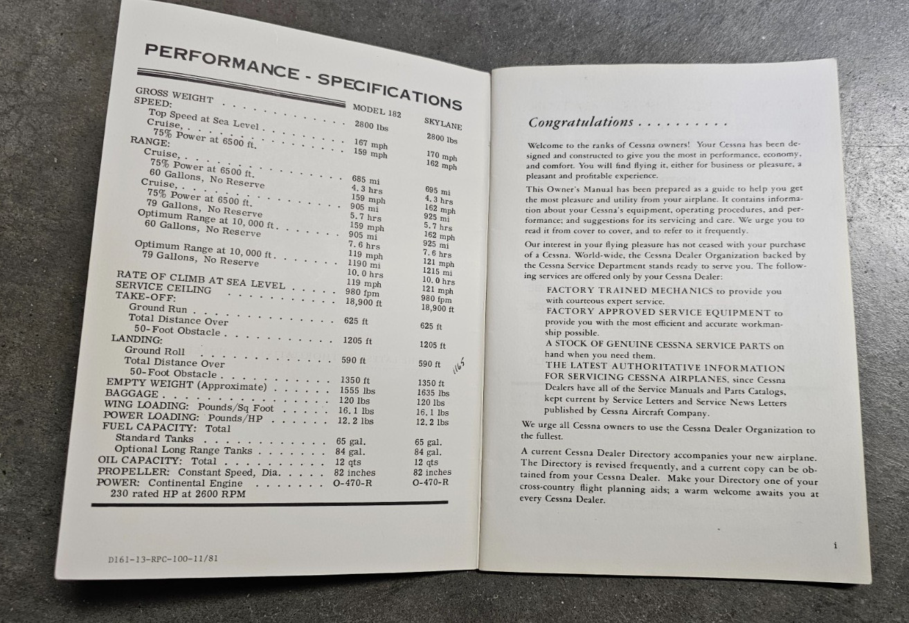 Cessna 1963 Owner's Manual Model 182F Skylane