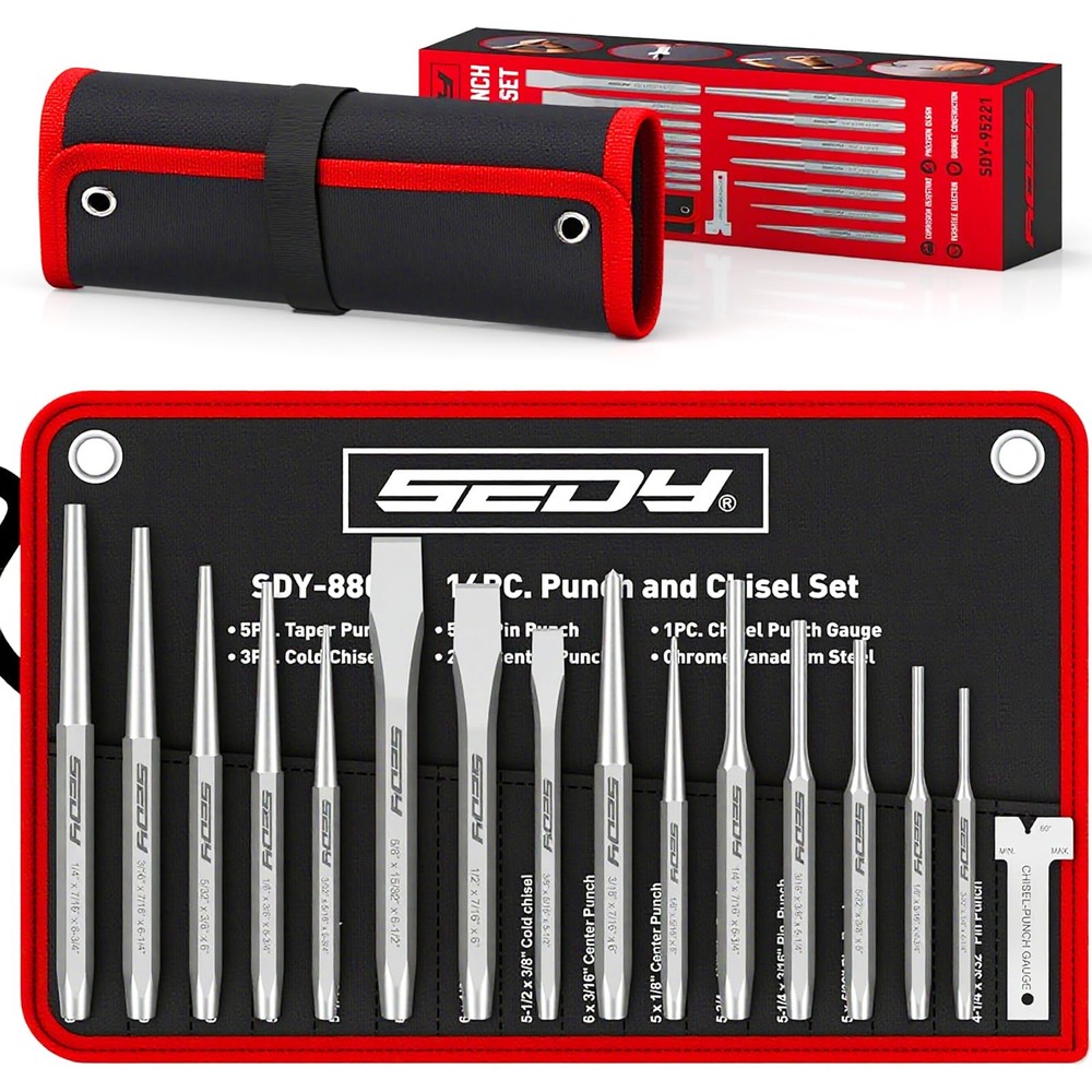 16-Piece Precision Punch & Chisel Set - Taper Punch, Pin Medium, Gray