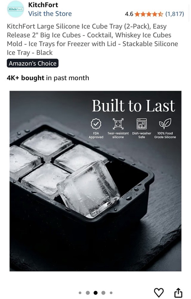 KitchFort Large Silicone Ice Cube Tray 2-Pack Black Stackable Easy Release