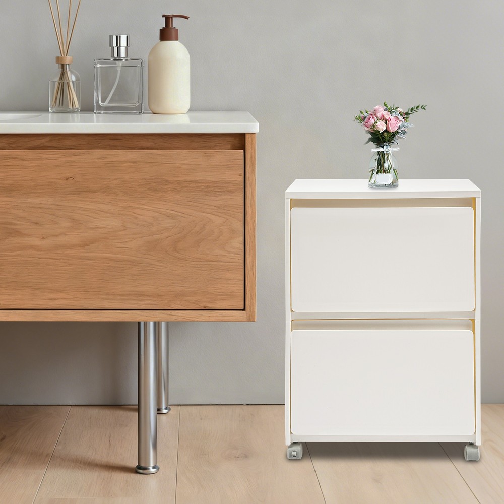 PP Cabinet 2-Tier Rolling Storage Cabinet Mobile Organizer White