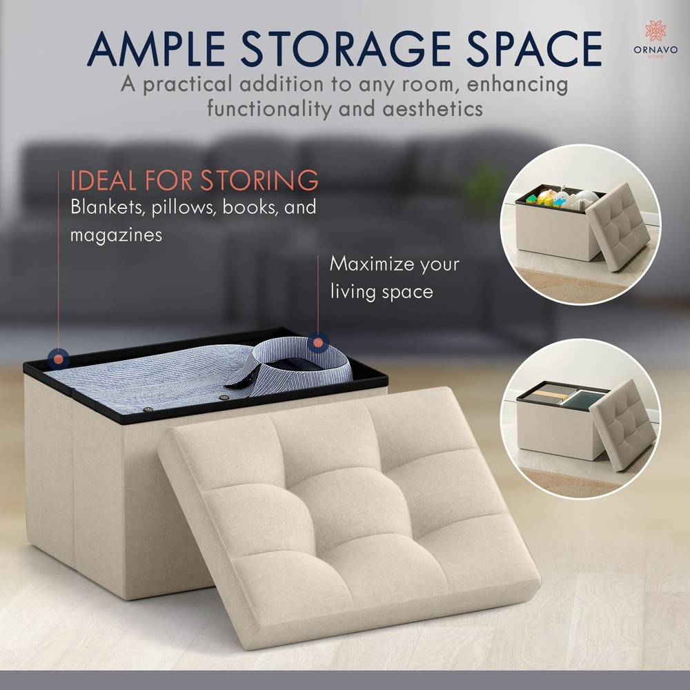 Small Storage Ottoman Foldable Collapsible Rectangle Linen Ottoman Foot Rest ...