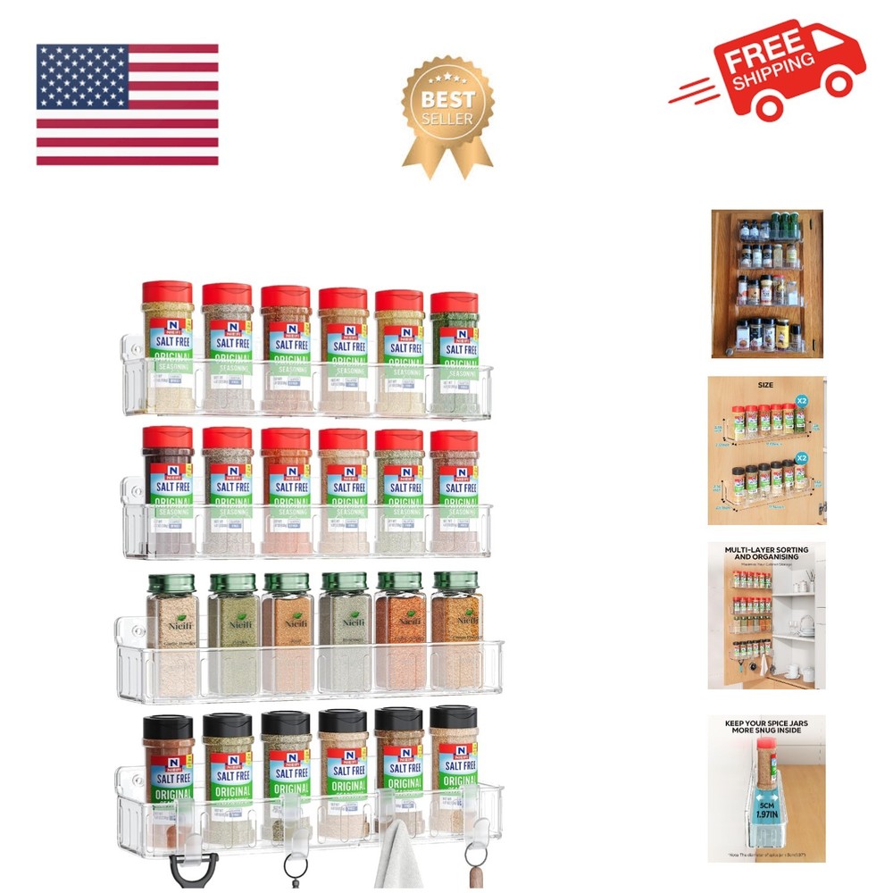 Easy Installation Wall Mount Spice Rack - 4 Clear Shelves for Kitchen Efficiency