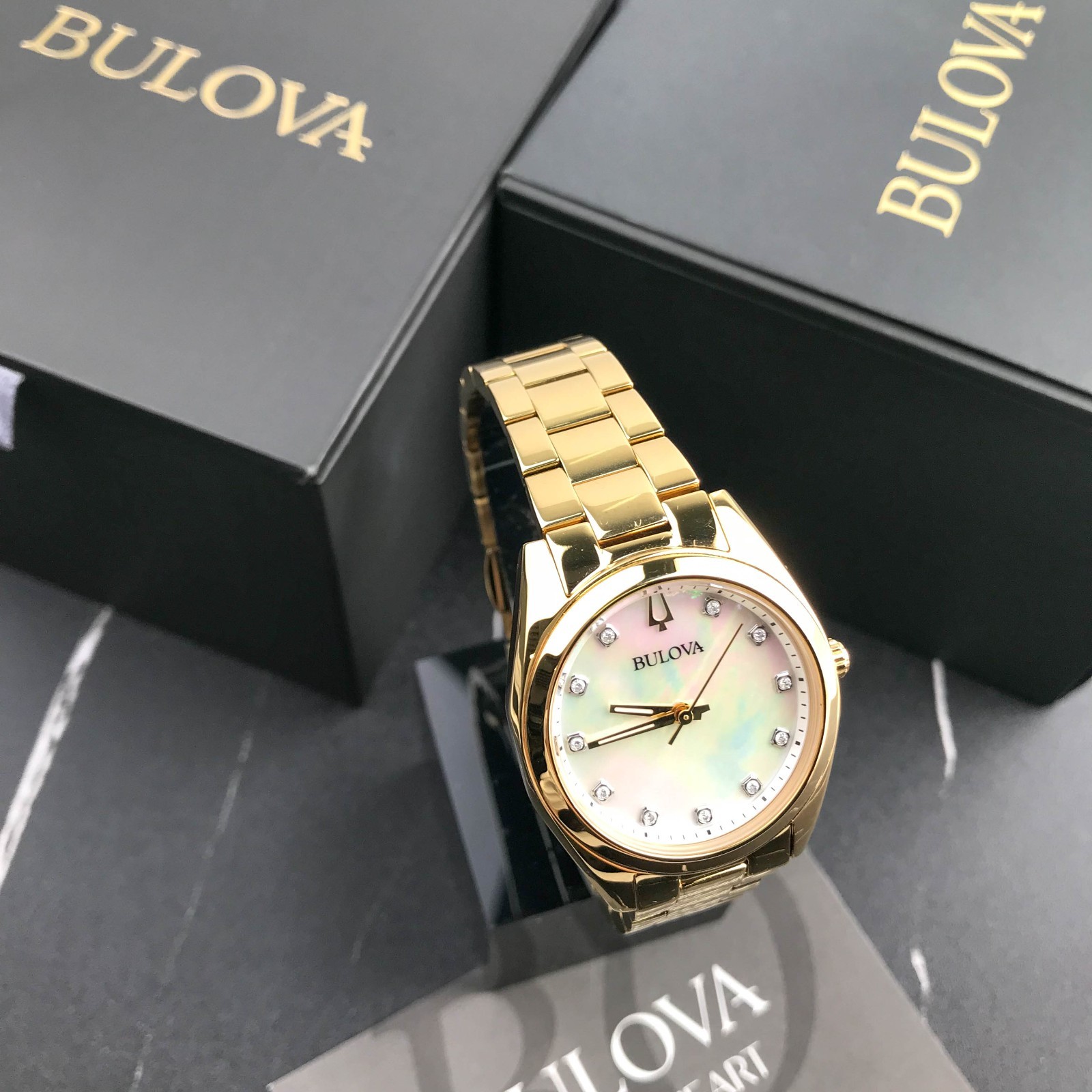 Bulova Surveyor Ladies 97P172 Gold Tone Mother-of-Pearl Dial Quartz Watch 31mm